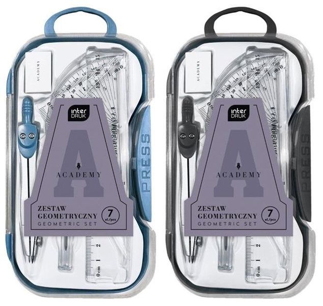 Zestaw Geometryczny 7 elementów CYRKIEL, LINIJKA, EKIERKI, RYSIKI Interdruk zdjęcie 3