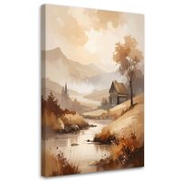 Obraz do salonu sypialni, Pastelowy Pejzaż Gór i Drzew Rustykalny