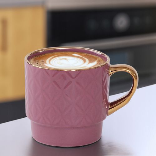 PORCELANOWY KUBEK NA KAWĘ HERBATĘ WRZOSOWY ZDOBIONY ZE ZŁOTYM UCHEM 340ML na Arena.pl