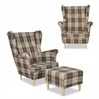 Fotel uszak Winston z podnóżkiem pufą Family Meble krata brązowo - beżowa
