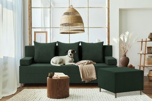 Kanapa z pufą, 3w1, sztruks, PANORA, 191x92x92 cm, zieleń | TYLETEGOTU na Arena.pl
