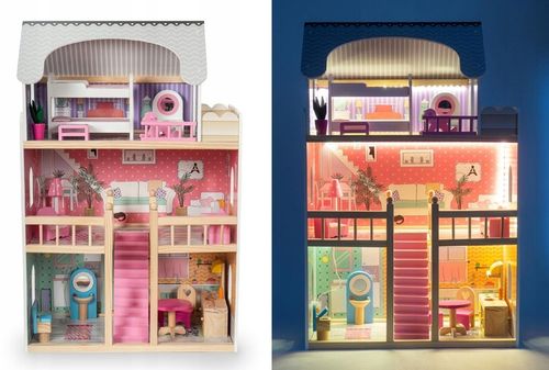 Domek dla Lalek Drewniany Duży Oświetlenie LED Mebelki 3 Poziomy - XL 90cm na Arena.pl