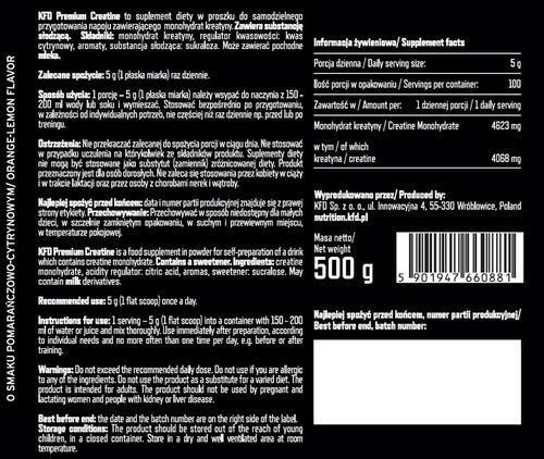KFD PREMIUM CREATINE 500 G KREATYNA MONOHYDRAT POMARAŃCZA-CYTRYNA na Arena.pl
