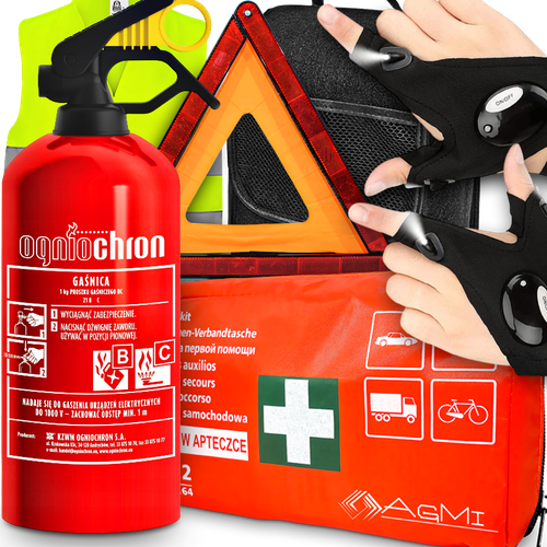 Gaśnica 1KG Ogniochron Apteczka Kamizelka Trójkąt Rękawiczki Z Latarką LED na Arena.pl
