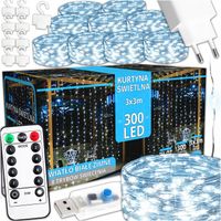 Lampki LED KURTYNA ŚWIETLNA Pilot USB 3x3m NA OKNO 300Led BIAŁA barwa Okno