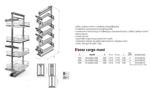 Kosz Cargo Maxi 400 mm, 4 półki, P22 efekt chromu, H-1410-1710mm na Arena.pl
