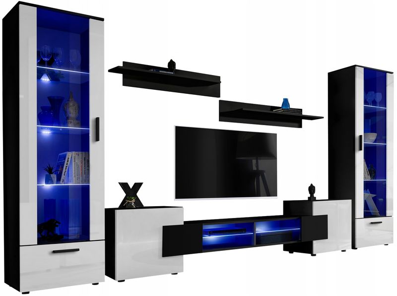 Pan Igiełka Meblościanka Blue LED  Czarny Biały Dąb Wotan 5 Elementów Salon zdjęcie 16