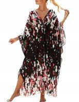 Bsubseach Plus Size Kaftan Tunika Plażowa Czerwony Czarny Kwiaty