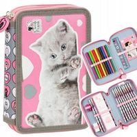 PIÓRNIK SZKOLNY Z WYPOSAŻENIEM Z KOTKIEM KOTEK dla dziewczynki DWUKOMOROWY