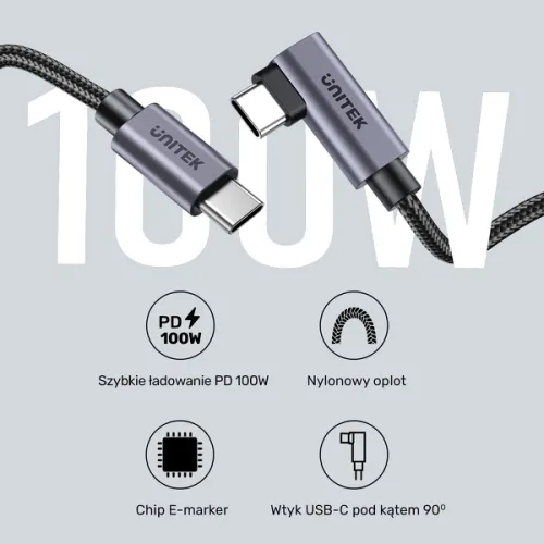 Unitek Kabel USB-C kątowy 90° PD100W 0,5m na Arena.pl