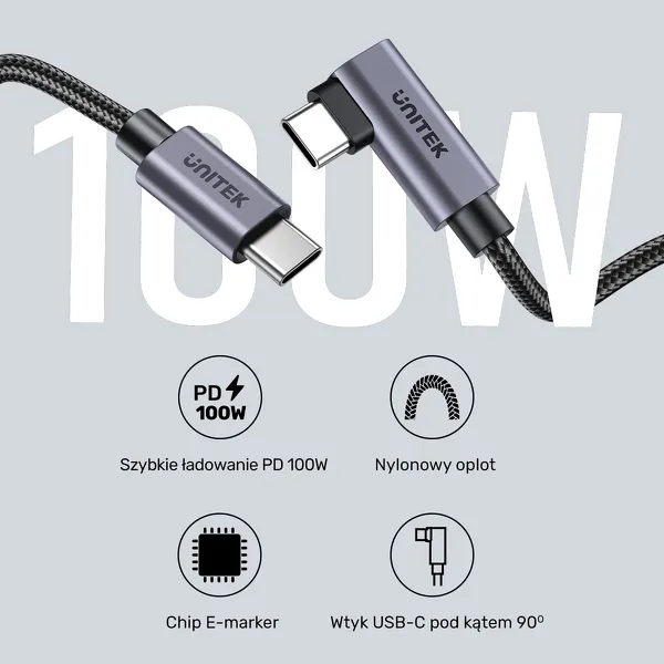 Unitek Kabel USB-C kątowy 90° PD100W 0,5m zdjęcie 4