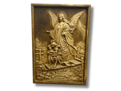 Drewniana płaskorzeźba Anioł Stróż z dziećmi prezent na chrzest komunie dąb