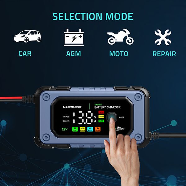 Qoltec Prostownik do akumulatora z funkcją naprawy 12V 7A LED 4 tryby zdjęcie 2