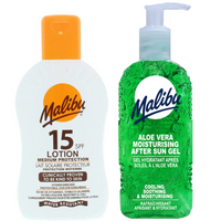 Malibu SPF15 Wodoodporny Balsam 200ml + Aloe Żel Po Opalaniu 200ml