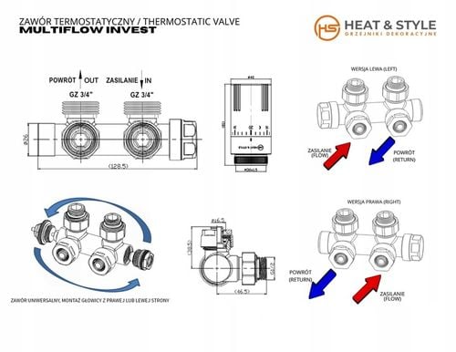 Zawór termostatyczny zespolony MULTIFLOW INVEST, biały prawy na Arena.pl