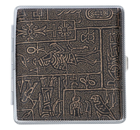 Brązowa Papierośnica Metalowa Pokryta Skórą w Wzorem Pisma Egiptu