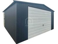 Garaż blaszany 4,5x5m brama uchylna antracyt biały dach dwuspadowy PLG251