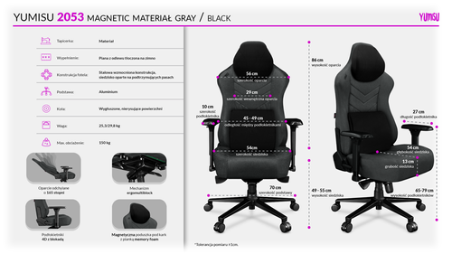 Fotel komputerowy biurowy YUMISU 2053 Magnetic Tkanina Gray Black na Arena.pl