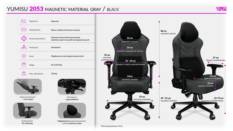 Fotel komputerowy biurowy YUMISU 2053 Magnetic Tkanina Gray Black zdjęcie 11
