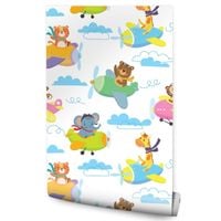 Tapeta Kolorowe ZWIERZĄTKA Samoloty Chmurki Niebo