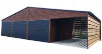 GARAŻ BLASZANY 9m x 5m + Wiata 3m - 2x drzwi - 3x Brama uchylna -rynny - ciemny orzech BOX19 9x5