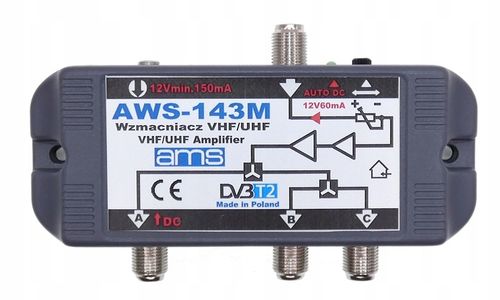 Wzmacniacz antenowy DVB-T2 budynkowy do 3 TV AWS-143M + zasilacz AMS na Arena.pl