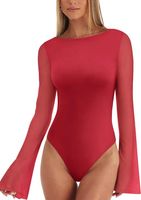 Body damskie siateczkowe dzwonkowy rękaw eleganckie czerwone vintage L