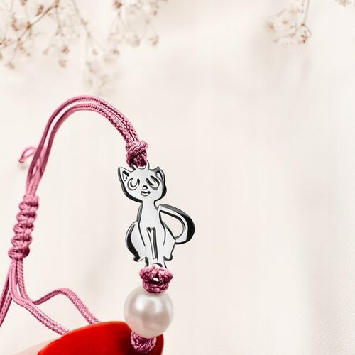 Bransoletka dla dziewczynki srebrna na sznurku kotek srebro 925 regulowana na Arena.pl