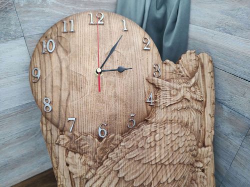 Zegar ścienny drewno z sową na tle księżyca motyw myśliwski 50cm na prezent na Arena.pl