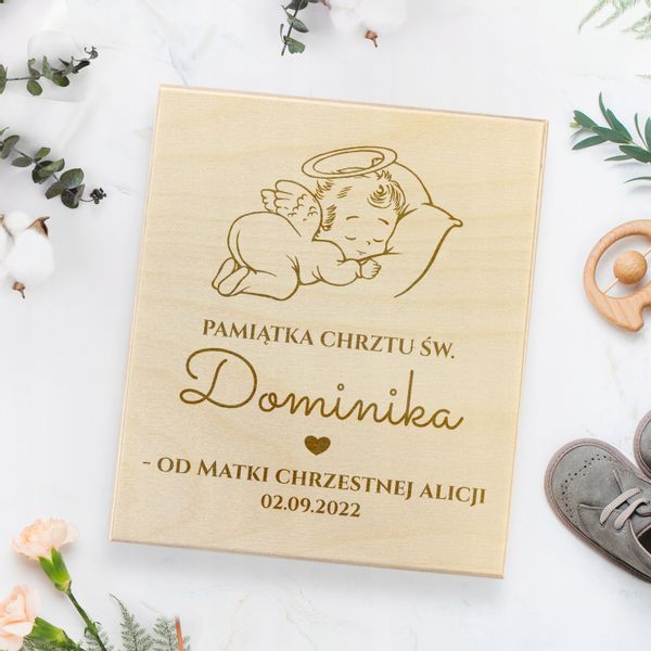 SZATKA NA CHRZEST Z NADRUKIEM IMIĘ DATA i PUDEŁKO zdjęcie 3
