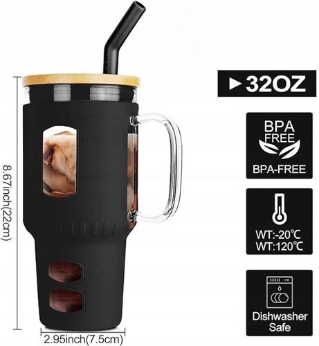 Kubek ze Słomką z Pokrywką Bambusową Szklany 950ml na Arena.pl