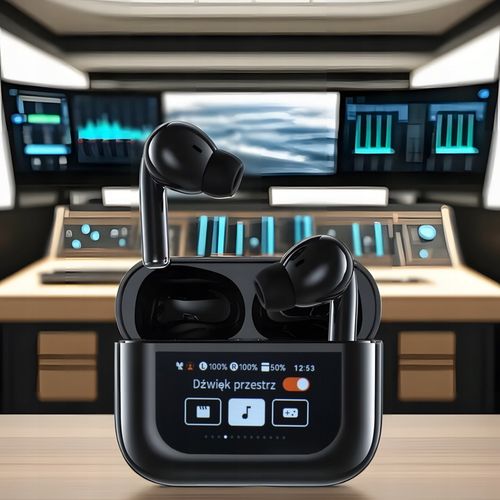 Słuchawki Bezprzewodowe Douszne PRO Lekkie ANC Mikrofon Czarne Wyświetlacz na Arena.pl