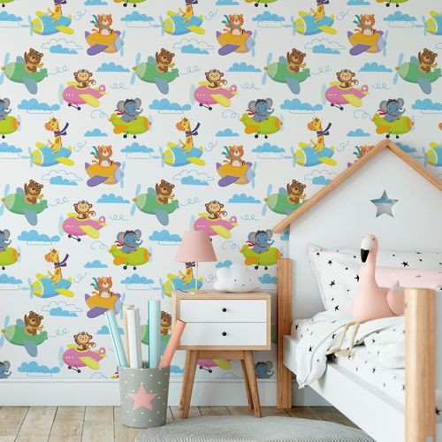 Tapeta Kolorowe ZWIERZĄTKA Samoloty Chmurki Niebo na Arena.pl