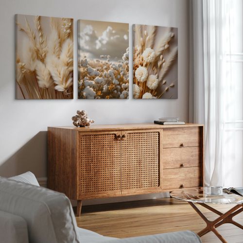 Obrazy Na Płótnie Set Kwiaty Bawełna Trawy Natura Boho Rośliny 90cm x 40cm na Arena.pl