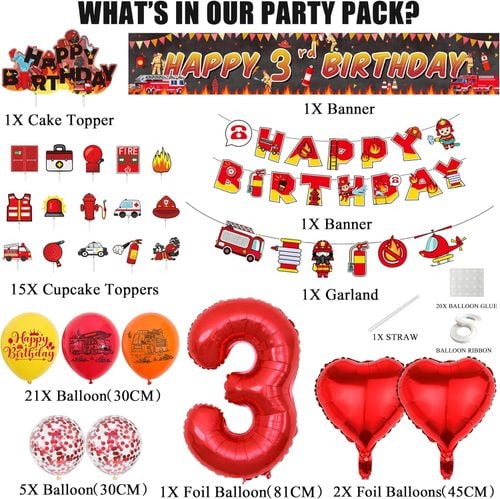 Zestaw Dekoracji Urodzinowych Strażak 3 Urodziny Balony Baner Strażacki na Arena.pl