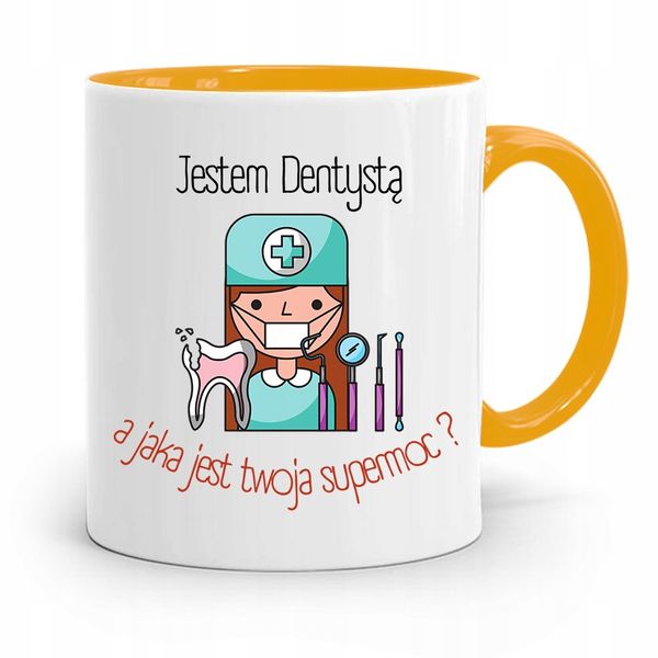 Kubek Żółty Prezent Dentysty A Twoja Supermoc? Z Nadrukiem Ze Zdjęciem zdjęcie 1