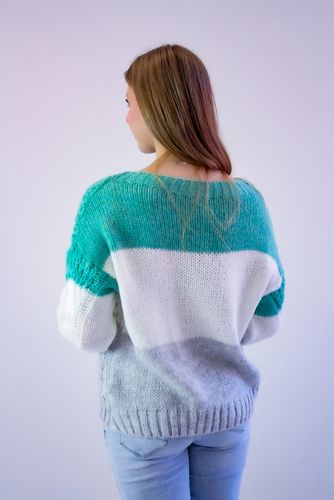 Sweter z Bufiastymi Rękawami w Warkocze Miętowo-Kremowo-Popielaty UNI na Arena.pl