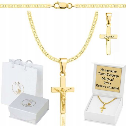 ZŁOTY ŁAŃCUSZEK NA CHRZEST CHRZCINY PAMIĄTKA Z KRZYŻYKIEM 585 925 + GRAWER na Arena.pl
