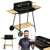 GRILL OGRODOWY WĘGLOWY RUSZT DUŻY KÓŁKA PÓŁKI DREWNO PRZENOŚNY REGULACJA