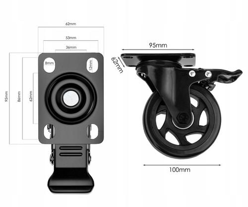 KÓŁKA OBROTOWE Z HAMULCEM 100 MM ZESTAW JEZDNY DO 500 KG DO MEBLI na Arena.pl