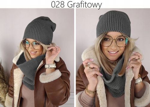 CIEPŁY KOMPLET CZAPKA + KOMIN damski POLSKI zimowy szal CIEMNA na Arena.pl