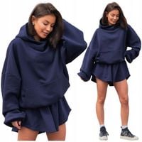 Bawełniana dresowa damska bluza z kapturem na stójce oversize navy