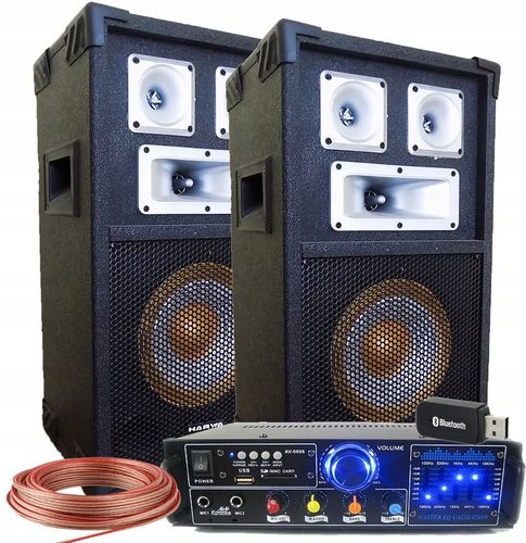 NAGŁOŚNIENIE KOLUMNY GŁOŚNIKOWE 400W + WZMACNIACZ BLUETOOTH USB SD + KABLE na Arena.pl