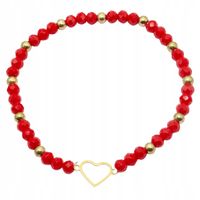 Bransoletka z czerwonych koralików przekładka serduszko kontur kolor złoty