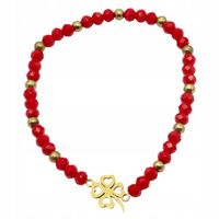 Bransoletka z czerwonych koralików z przekładką koniczyna w kolorze złotym