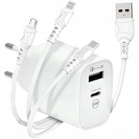 Ładowarka 3w1 Sieciowa Szybka USB / USB-C + Kabel USB-C Micro USB Lightning