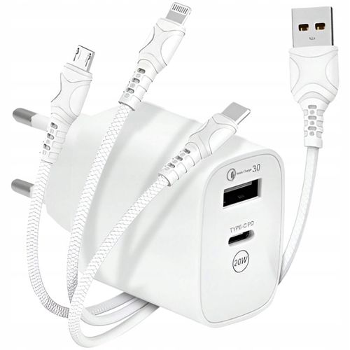 Ładowarka 3w1 Sieciowa Szybka USB / USB-C + Kabel USB-C Micro USB Lightning na Arena.pl