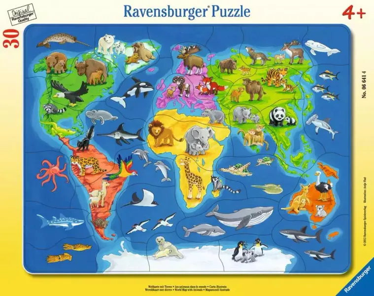 Puzzle 30 elementów. Mapa świata zwierząt zdjęcie 1