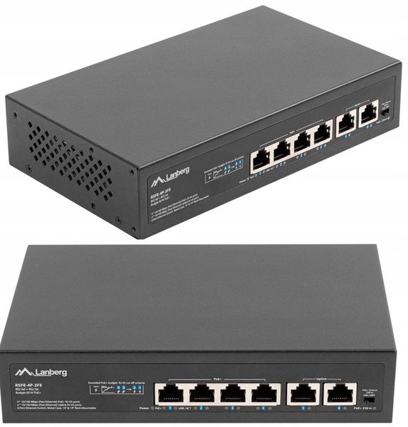 SWITCH LANBERG 4X 100MB POE+/2X RACK 60W 10' 19' zdjęcie 1