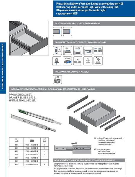 Prowadnica meblowa kulkowa VERSALITE LIGHT, H-45 mm, L-500 mm, Pełny wysuw zdjęcie 3